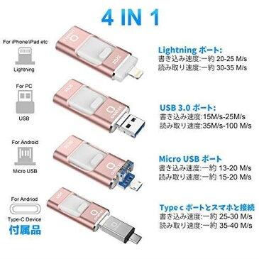 フラッシュドライブ USBメモリー 32GB iPhone Android PC 3in1 専用アプリ（OTG） Type-C変換アダプター付属 アルミ合金製