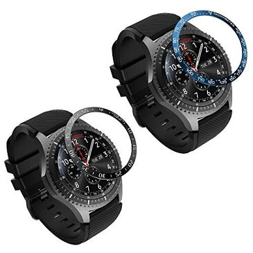 ATiC Samsung Gear S3/Galaxy Watch 46mm ベゼルリング Galaxy Watch ベゼルカバー 保護ケース スタイルリング 高級 ステンレス製 耐衝撃 超簿 粘着式 取付簡単 スマートウォッチ飾り 2pack Black+Blue