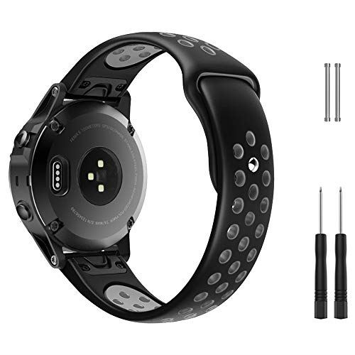 ATiC GARMIN Fenix 5 / Fenix 6 / Fenix 5 Plus バンド ガーミン 交換用バンド 腕時計バンド スマートウォッチバンド 高品質シリコン 交換ベルト 軽量 耐久性調整可能 235mm-195mm腕首フィット Forerunner 935/Approach S60/Quatix 5適用 Black & Gray