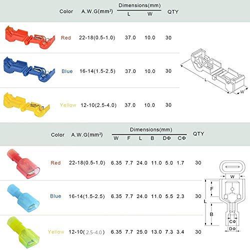 TOOHUI 180個セット T型 配線コネクター エレクトロタップ 平型端子 配線分岐コネクター T 接続コネクター端子 ワイヤー端子圧着電気 簡単に速く配線取り付け 分岐 配線 接続 細線 (赤/黄/青) 3