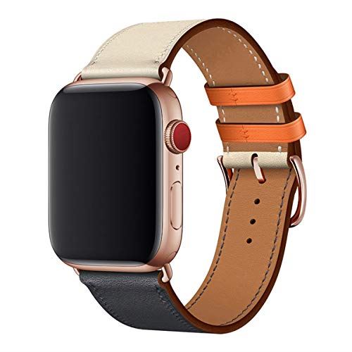 WFEAGL コンパチブル Apple Watch バンド,は本革レザーを使い、iWatch Series 6/SE/ 5/4/3/2/1、Sport、Edition向けのバンド交換ストラップです コンパチブル アップルウォッチ バンド (38mm 40mm, ダークブルーのアイボリー バンド+ローズゴールドスクエアバックル)