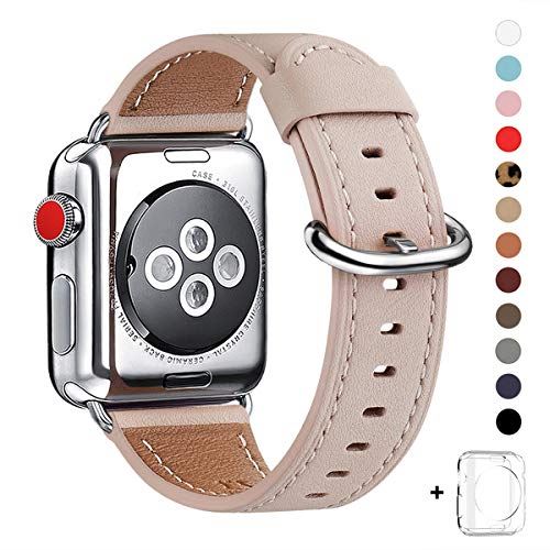 WFEAGL コンパチブル Apple Watch バンド,は本革レザーを使い、iWatch Series 6/SE/ 5/4/3/2/1、Sport、Edition向けのバンド交換ストラップです コンパチブル アップルウォッチ バンド (38mm 40mm, ピンクの砂+シルバー バックル)