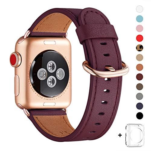WFEAGL コンパチブル Apple Watch バンド,は本革レザーを使い、iWatch Series 6/SE/ 5/4/3/2/1、Sport、Edition向けのバンド交換ストラップです コンパチブル アップルウォッチ バンド (38mm 40mm, ワインレッド バンド+ゴールド バックル)