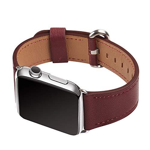 WFEAGL コンパチブル Apple Watch バンド，は本革レザーを使い、iWatch Series 6/SE/ 5/4/3/2/1、Sport、Edition向けのバンド交換ストラップです コンパチブル アップルウォッチ バンド (38mm 40mm， ワインレッド) ワインレッド+シルバー バックル