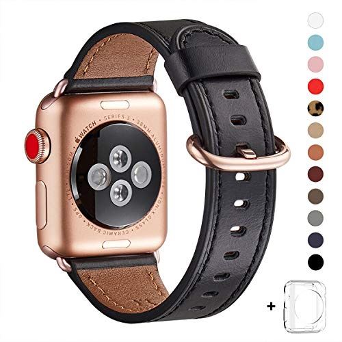 WFEAGL コンパチブル Apple Watch バンド,は本革レザーを使い、iWatch Series 6/SE/ 5/4/3/2/1、Sport、Edition向けのバンド交換ストラップです コンパチブル アップルウォッチ バンド (42mm 44mm, 黒 バンド+ゴールドバックル)