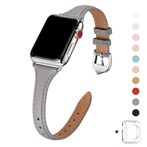 WFEAGL コンパチブル apple watch バンド 42mm 44mm,コンパチブル アップルウォッチ バンド iWatch series 5/4/3/2/1,トップグレード革 スリム&薄型交換用リストバンド (42mm 44mm, グレー バンド+シルバー バックル)