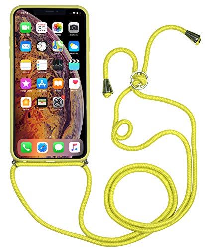 StilGut 背面革製 iPhoneXs Max 首掛けストラップ付 バンパー ケース ネックストラップ カバー イエロー iPhone Xs Max Yellow