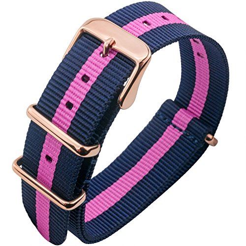  トンチャーメー NATO 腕時計ベルト ナイロン 時計ストラップ Nylon Watch Band 18mm/20mm/22mm/24mm 取り替え工具付 (18mm， ダブルネイビー・センターピンク×ローズゴールド バックル)