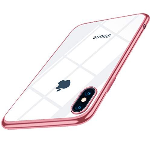 iPhone XS ケース クリア 耐衝撃 TPU メッキ加工 透明 ソフトシェル 指紋防止 Qi充電対応 おしゃれ かわいい シリコン 最軽量 スリム 薄型 一体型 人気 防塵 アイフォン 耐衝撃カバー 高級感 ローズゴールド iPhoneXs