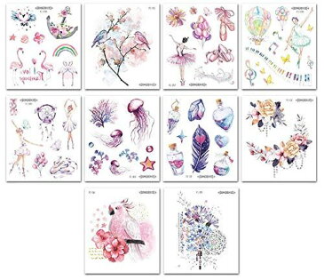 ANPHSIN タトゥーシール TATTOO 刺青 入れ墨 3D 腕シール 大判 水彩 花柄 薔薇 花の枝 蝶 夜光 宝石 ユニコーン 英語 サンスクリット語 ボディーアートシール かわいい watercolor Ballet-10pcs
