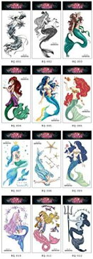 ANPHSIN タトゥーシール TATTOO 刺青 入れ墨 3D 腕シール 大判 水彩 花柄 薔薇 花の枝 蝶 夜光 宝石 ユニコーン 英語 サンスクリット語 ボディーアートシール かわいい mermaid-12pcs