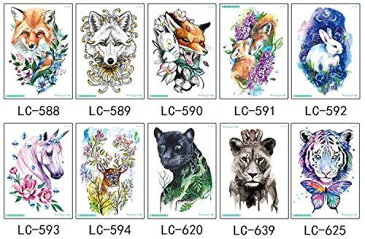 ANPHSIN タトゥーシール TATTOO 刺青 入れ墨 3D 腕シール 大判 水彩 花柄 薔薇 花の枝 蝶 夜光 宝石 ユニコーン 英語 サンスクリット語 ボディーアートシール かわいい fox-10pcs