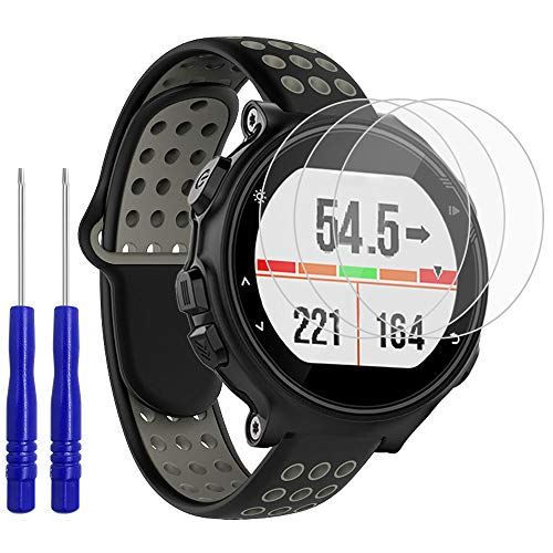 Garmin交換用 リストバンドGarmin Forerunner 235/220/230/620/630/735XT用 シリコンバンドGarminフォアランナー|%%%| 柔らかい通気性のリストバンドストラップ、3PC Garmin S735XT用強化ガラスフィルムスクリーンプロテクター-ブラック