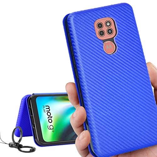 Motorola MOTO G9 play ケース 手帳型 G9play カバー モトローラ G9 プレー カバー G9playケース モトローラ MOTO G9play ケース case 【iCoverCase】 外:炭素繊維 ハードケース カバー 内:TPUケース 耐衝撃 携帯カバー スマホケース 指紋防止 軽量 ストラップ 同梱 ブルー