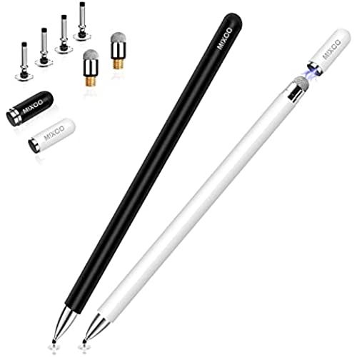 Mixoo スタイラスペン タッチペン 2本セット黒/白 2Wayモデル 交換式 ペン先6個 ipad iphone Androidスマートフォン タブレット対応 ディスク＋導電繊維 磁気キャップ アルミ本体 White