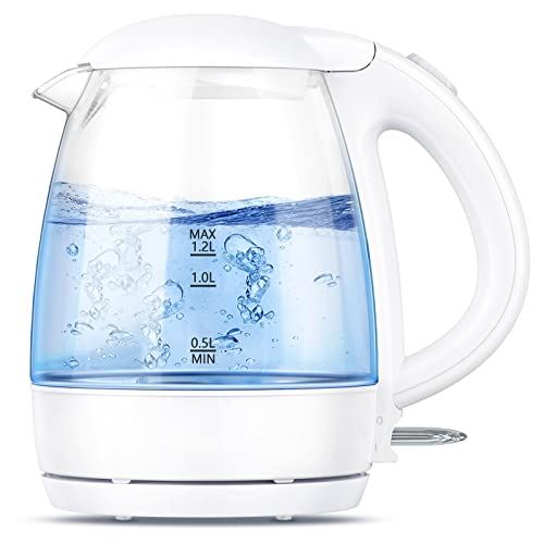 電気ケトル ガラス 1.2L 【国際認証素材&火傷防止設計/ LED付き】 電気ポット 湯沸かしケトル 二重構造 沸騰自動OFF/空焚き防止機能/PSE認証済み 1200W 急速沸かし 目盛り おしゃれ付き ...