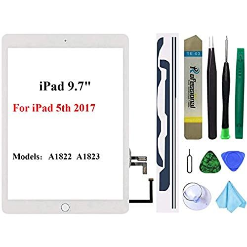 ホワイトタッチスクリーン交換用 iPad 5 2017 9.7インチ A1822 A1823 デジタイザーガラスアセンブリ ホームボタン + プリインストール接着剤 + ツールキット