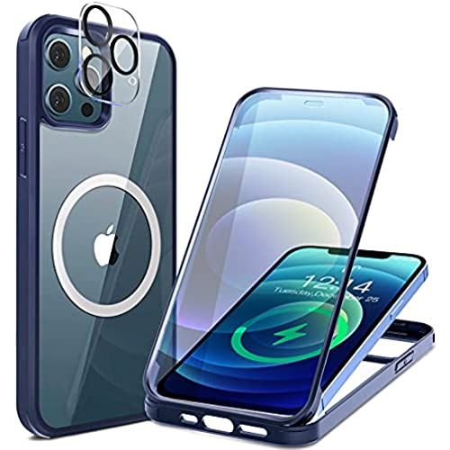 HAUTRKBG iPhone 12 Pro Max 用 ケース クリア 両面強化ガラス 360°全面保護    マグセーフ ワイヤレス充電対応 ... 青
