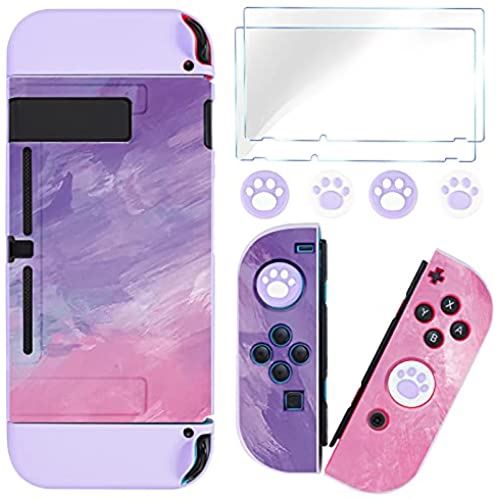 DLseego Switchスイッチ ケース 分体式カバー全面保護ケース 軽薄量 滑り止め 汚れ防止 耐衝撃 着脱簡単 アナログスティックカバー 可愛い猫爪肉球 強化ガラスフィルム 耐久性TPU製 パープル