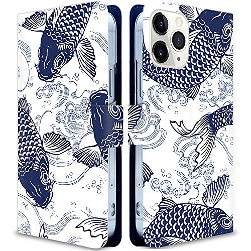 iitrust iPhone 12 ケース 手帳型 アイフォン 12 ケース手帳 アイホン12ケース手帳型 耐衝撃 カメラ穴 合皮レザー スタンド機能 カードホルダー 和風スタイル-魚 アニマル クラシック 和風-魚1-Y01