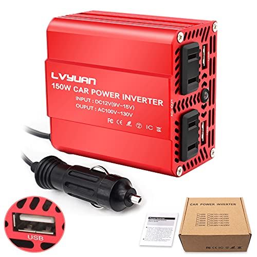 Yinleader インバーター 12V 定格150W(最大300W) DC（直流）12V AC（交流）100V [車載充電器、車中泊グッズ スマホ充電 、急速充電器 、シガーソケット]ACコンセント×3、USB ...