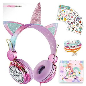 子供用ユニコーン ヘッドホン キッズ ヘッドフォン 有線オンイヤーイヤホン 音量リミット制御 マイク付き サイズ調節可能 幼児 こども 男の子 女の子用 キラキラ 可愛いヘッドセット 3.5mm ステレオプラグ ... ユニコーン/ローズレッドバーゲン