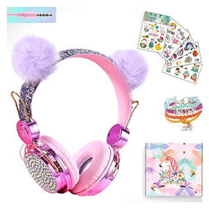 子供用ユニコーン ヘッドホン キッズ ヘッドフォン 有線オンイヤーイヤホン 音量リミット制御 マイク付き サイズ調節可能 幼児 こども 男の子 女の子用 キラキラ 可愛いヘッドセット 3.5mm ステレオプラグ ... 毛玉/パープル販売