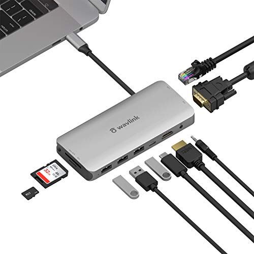 WAVLINK USB Cnu/USB-C ~jhbLOXe[V/9-in-1i1xHDMI/1xVGA/3xUSB A/1x RJ45/1 x SD Card Slot Micro SD Card Slot ... Small