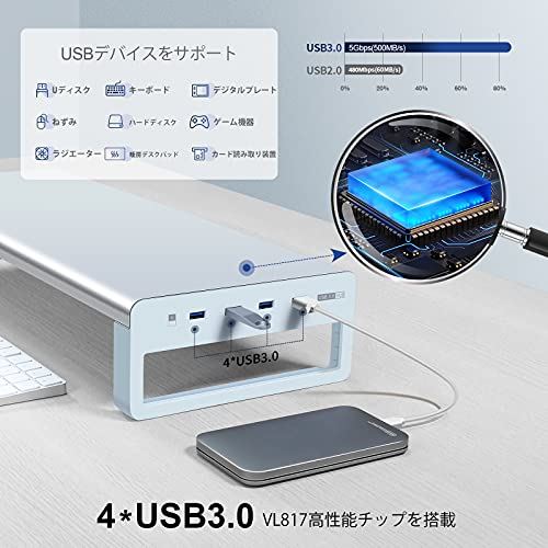 VAYDEER モニター台 USB 3.0 ディスプレイ 台 pc モニタースタンド パソコン台 机上台 卓上 高速データ転送 キーボード収納 金属製 シルバー 幅54cm Silver