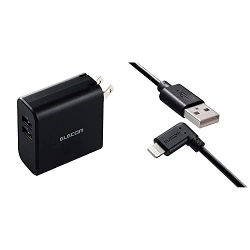 【A-L L字ケーブルセット】 エレコム USB コンセント 充電器 合計24W USB-A×2 【 iPhone (iPhone13シリーズ対応) / Android/タブレット 対応 】 ブラック EC-AC03BK 【ケーブルセット】 ライトニングケーブル