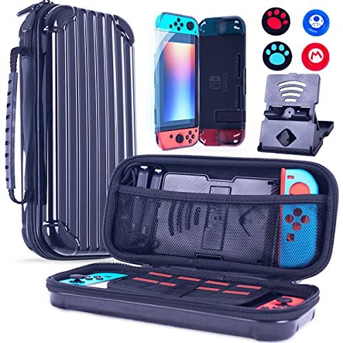 Switchケース ニンテンドースイッチ ケース amzRose【5in1】収納ケース(黒) + TPU Switch ケース +強化ガラスフィルム 2枚 +親指キャップ 4個入り + NEWプレイスタンド 防塵 防汚 Switchケース ニンテンドースイッチ ケース amzRose【5in1】収納ケース(黒) + TPU Switch ケース +強化ガラスフィルム 2枚 +親指キャップ 4個入り + NEWプレイスタンド 防塵 防汚