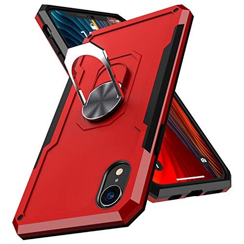 TMUJWS iPhone XR ケース リング付き 耐衝撃 スタンド機能 米軍MIL規格 レンズ保護 車載対応ホルダー対応 滑り止め 傷防止 アイフォン 11 カバー 衝撃吸収 tpu pc 二重構造 全面保護 6.1インチ 対応 人気 携 カバー 赤 MZ47-02 レッド