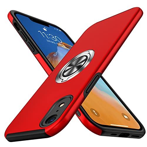 【WYEPXOL】 iPhone XR ケースリング付き 耐衝撃 tpu pc 二重構造 全面保護 一体型スマホケース アイフォンxr ケース 衝撃吸収 シリコン 360°回転 スタンド機能 軽量 薄型 車載ホルダー対応 米軍MIL規格 6.1インチ 指紋防止 人気 携帯カバー 赤 ZW52-14 レッド