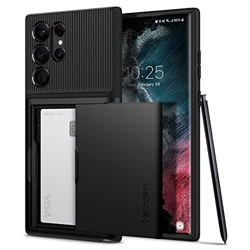 Spigen Galaxy S22 Ultra ケース [ SC-52C | SCG14 ] 手帳型 収納ケース カードケース 2重構造 耐衝撃 米軍MIL規格取得 落下防止 IC カード ポケット パスケース スリム・アーマー CS ACS03927 (ブラック)