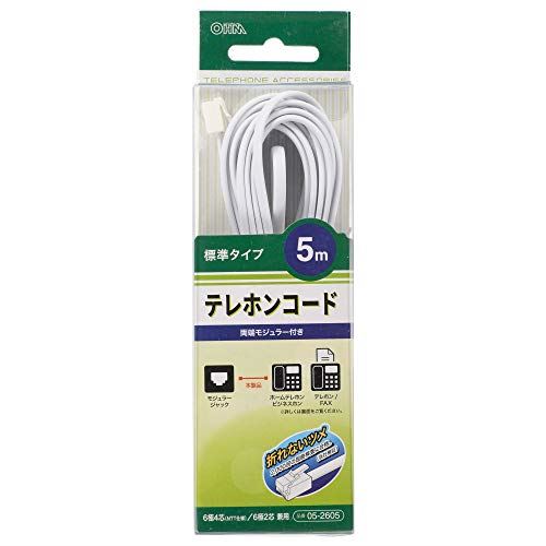 テレホンコード 標準タイプ ホワイト 5m_TEL-C2605W 05-2605 OHM オーム電機