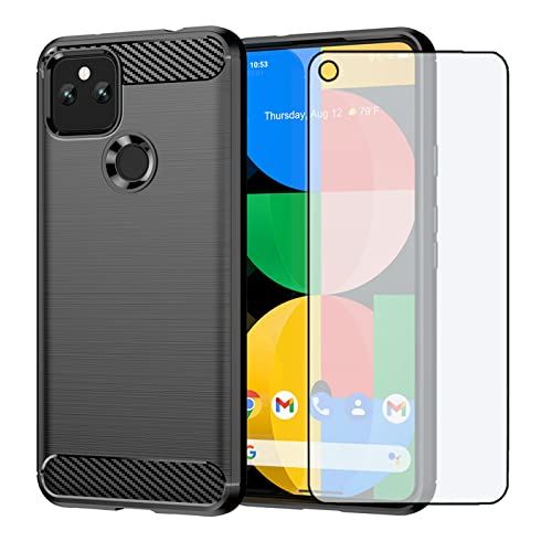 Asuwish Google Pixel 5A 5G ケース +【1枚保護フィルム】炭素繊維カバー 耐衝撃 TPU ソフトカバー 衝撃吸収 薄型 カメラ保護 ワイヤレス充電対応 pixel5aケース pixel5a ...