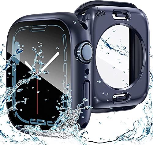 【2023強化版】AMAPC for Apple Watch ケース 360度全面防水 バンド 水泳・スポーツ専用 ガラスフィルム 一体型 apple watch 用 カバー 360フルボディ防水 アップルウォッチ 45mm ブルー