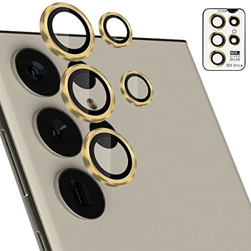 Galaxy S23 Ultra カメラフィルム【9H強化ガラス+アルミリング 二重保護】 カメラ保護フィルム キズ防止 耐衝撃 極薄 防滴 防気泡 防塵 飛散防止 粘着性強い ケースに干?なし Galaxy S23 ゴールド