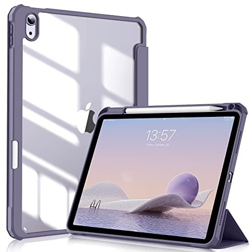 KenKe iPad Air 5 ケース 2022 / iPad Air 4 ケース 2020 10.9インチ (第5/4世代、2022/2020モデル用) PC 透明バックカバー 軽量 薄型 傷つけ防止 PU合成レザー ... ブルーグレー