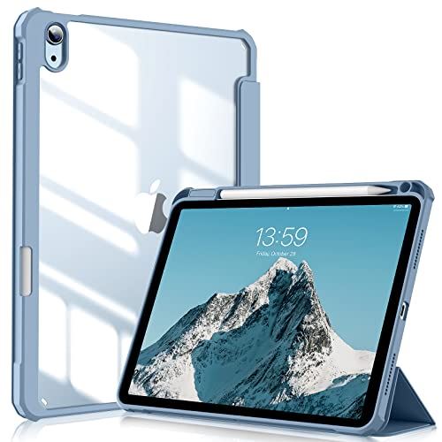 KenKe iPad Air 5 ケース 2022 / iPad Air 4 ケース 2020 10.9インチ (第5/4世代、2022/2020モデル用) PC 透明バックカバー 軽量 薄型 傷つけ防止 PU合成レザー ... 青い