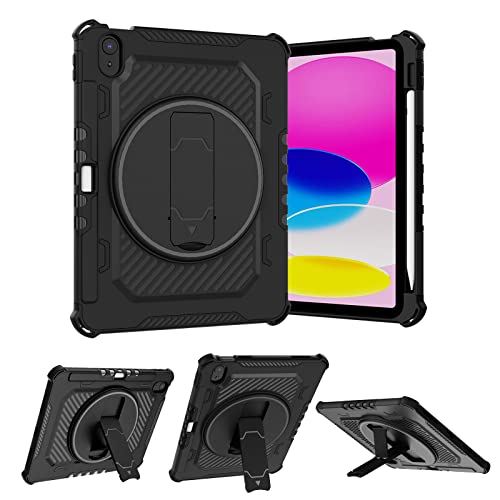 新型 iPad 第10世代 ケース (2022) 対応 10.9インチ カバー 360°回転スタンド 衝撃吸収 耐衝撃 Apple Pencil 収納 スタンド 落下 衝撃 吸収 ラギッド・アーマープロ,ブラック Black iPad 10(2022)