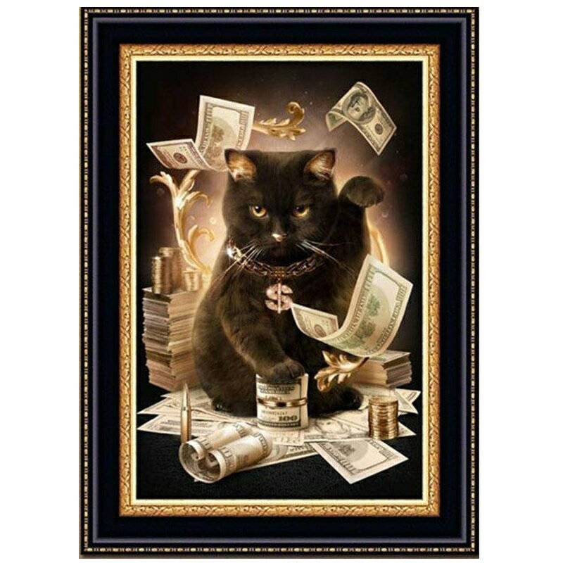 5Dダイヤモンドアート 図案 猫 ねこ 招き猫 黒猫 お金 ビーズ絵画 刺繍キット 初心者 趣味 簡単 説明書付