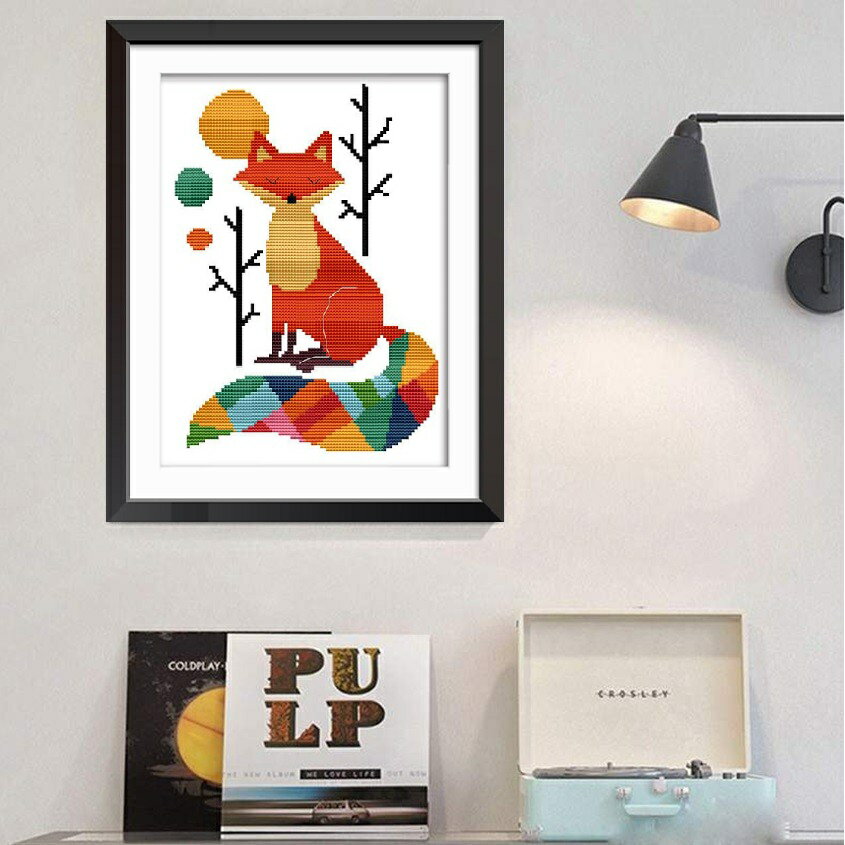 刺繍キット 猫 クロスステッチ カラー 動物 図柄印刷 きつね かわいい リビング 説明書付 糸通し付き ..