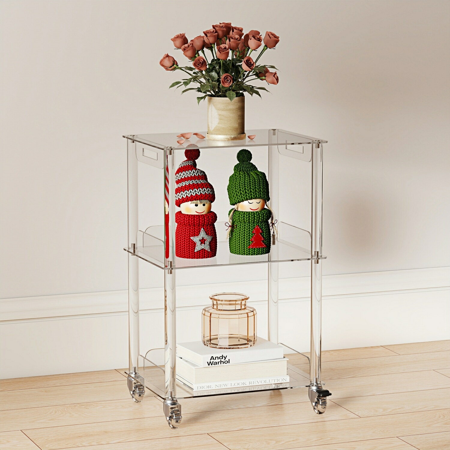 【在庫一掃！さらに 20% 値下げ】 サイドテーブル 透明 4 輪付き オフィス用可動プリンター台 リビング..