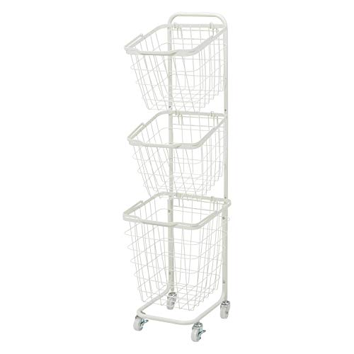 萩原(Hagihara) ランドリーラック バスケット 脱衣 洗濯物 かご 3段 【取り外し・積み重ねOK】 大容量 ランドリーワゴン ワイヤー