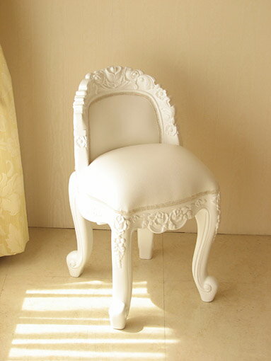 背付き スツール ロココスタイル 薔薇の彫刻 スーパーホワイト色 ホワイトフェイクレザー 輸入家具 オーダー家具 プリンセス家具 姫系家具 姫系 姫 猫脚 椅子 いす