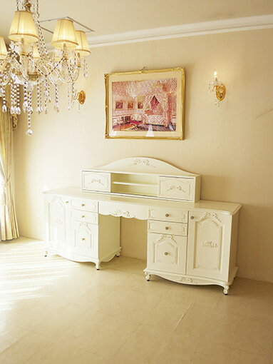 輸入家具 オーダー家具 プリンセス家具 デスク W210cm オードリーリボン＆薔薇の彫刻 上台;引き戸 ホワイト色