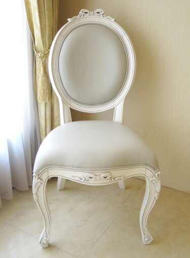 オーバルチェア 猫脚 ホワイト&ブラックアンティーク色 オードリーリボンの彫刻 グレー色フェイクレザーの張地 輸入家具 オーダー家具 姫系家具 プリンセス家具