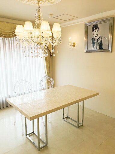 ダイニングテーブル W160 シルバークローム 螺鈿細工ホワイトパール天板　　輸入家具 オーダー家具 姫系家具 プリンセス家具