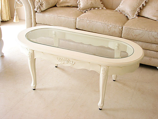 センターテーブル オーバル ガラストップ 薔薇の彫刻 ホワイト 輸入家具 オーダー家具 プリンセス家具
